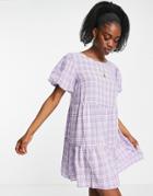 Qed London Puff Sleeve Tiered Smock Dress In Lilac Gingham-purple