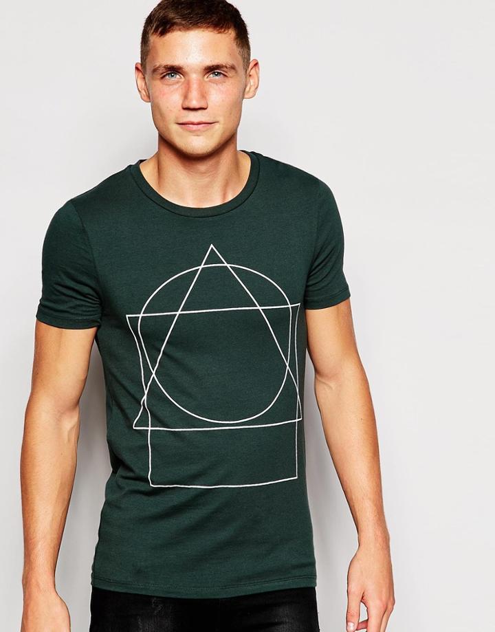 Asos Muscle Fit T-shirt With Geo Print And Stretch - Deep Forest