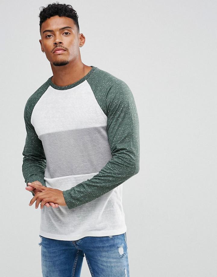 Asos Long Sleeve T-shirt In Linen Look Fabric With Contrast Panel And Sleeves - White