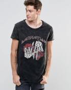Asos Longline T-shirt With Scoop Neck And Acid Wash With Rose And Skull Print - Acid Wash Black