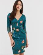 Little Mistress 3/4 Sleeve Printed Belted Midi Dress With Lace Detail-multi
