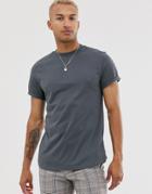Asos Design Longline T-shirt With Roll Sleeve And Side Split In Washed Black - Gray