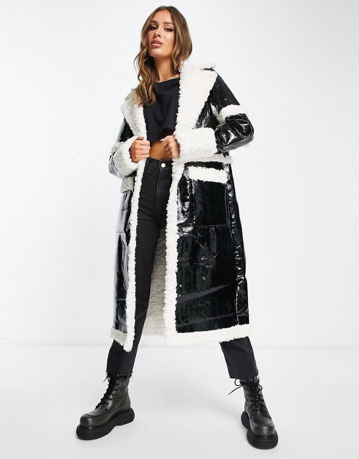 Jayley Faux Patent Shearling Trim Coat In Black