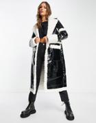 Jayley Faux Patent Shearling Trim Coat In Black