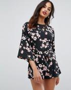 Asos Romper With Kimono Sleeve And Self Belt Tie In Floral Print - Multi