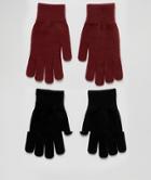 Monki Knit 2-pack Gloves In Black And Burgundy - Multi