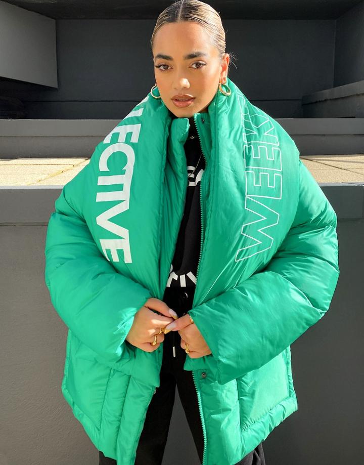 Asos Weekend Collective Detachable Scarf Puffer Jacket In Green-purple