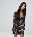 Glamorous Petite Long Sleeve Tea Dress With Button Front In Antique Floral-black