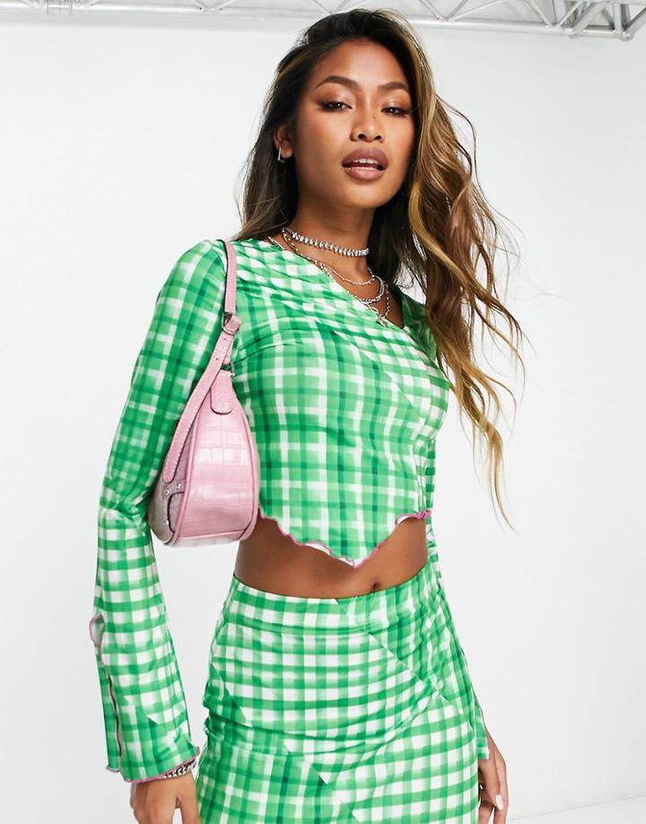 Only Exclusive Asymmetric Cropped Top With Flared Sleeves In Green Gingham - Part Of A Set