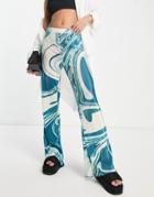 Vila Plisse Flared Pants In Blue Swirl Print