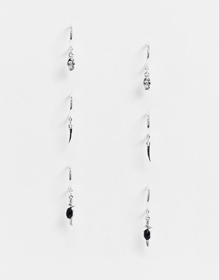 Topshop Hoop Earrings Multipack X 3 With Gothic Pendants In Silver
