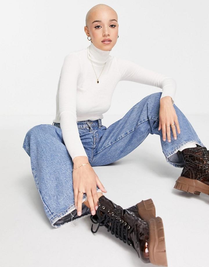 Monki High Neck Ribbed Long Sleeve Top In Off White