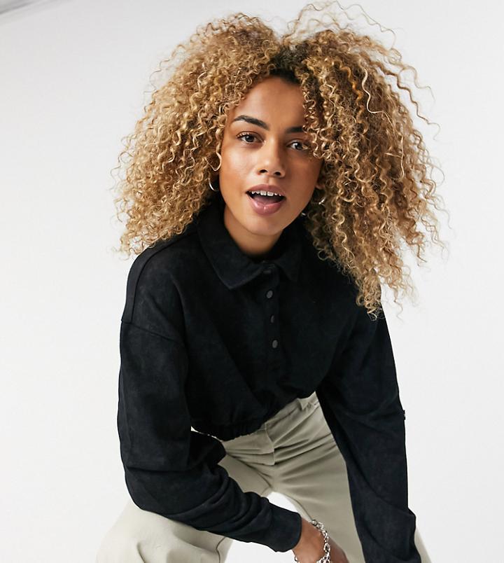 Collusion Cropped Acid Wash Polo Top In Charcoal-grey