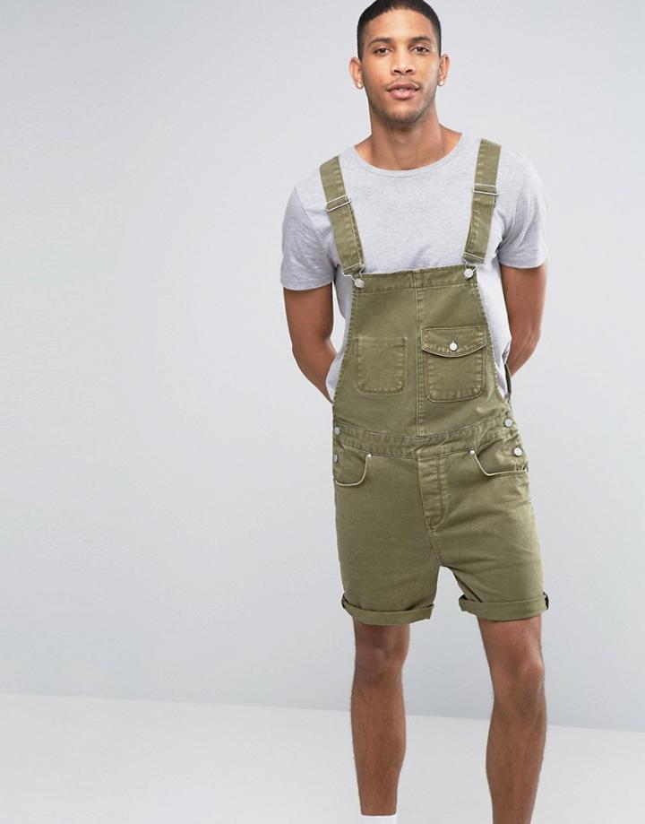 Asos Denim Short Dungarees In Khaki - Green