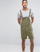 Asos Denim Short Dungarees In Khaki - Green
