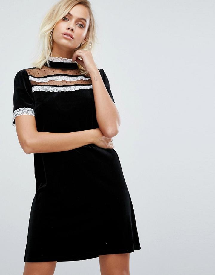 Fashion Union High Neck Dress With Victoriana Ruffle Detail - Black