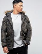 Brave Soul Camo Quilted Parka With Faux Fur Trim Hood - Green