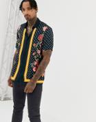Asos Design Regular Fit Polka Dot Border Printed Shirt With Floral In Viscose - Black