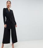 Asos Design Tall Plunge Neck Jumpsuit With Tie Waist And Culotte Leg-black