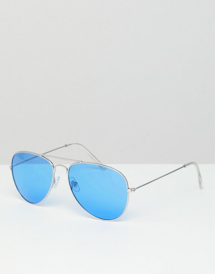 Jeepers Peepers Aviator Sunglasses With Blue Tinted Lens - Silver