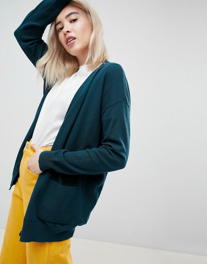 Asos Design Boyfriend Cardigan In Fine Knit - Green