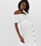 Asos Design Maternity Button Through Bardot Slub Sundress-white
