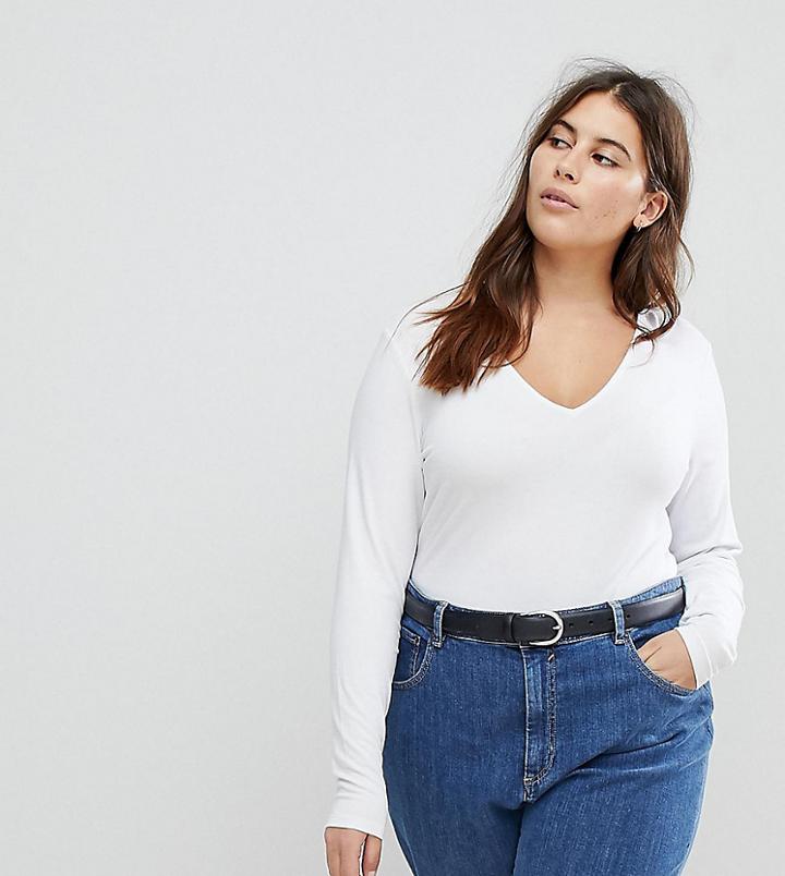 Asos Curve Ultimate Top With Long Sleeve And V-neck - White