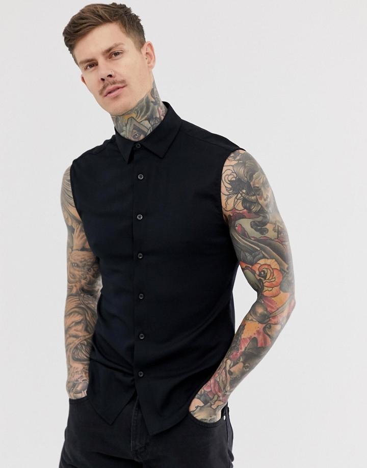 Asos Design Muscle Viscose Sleeveless Shirt In Black - Black