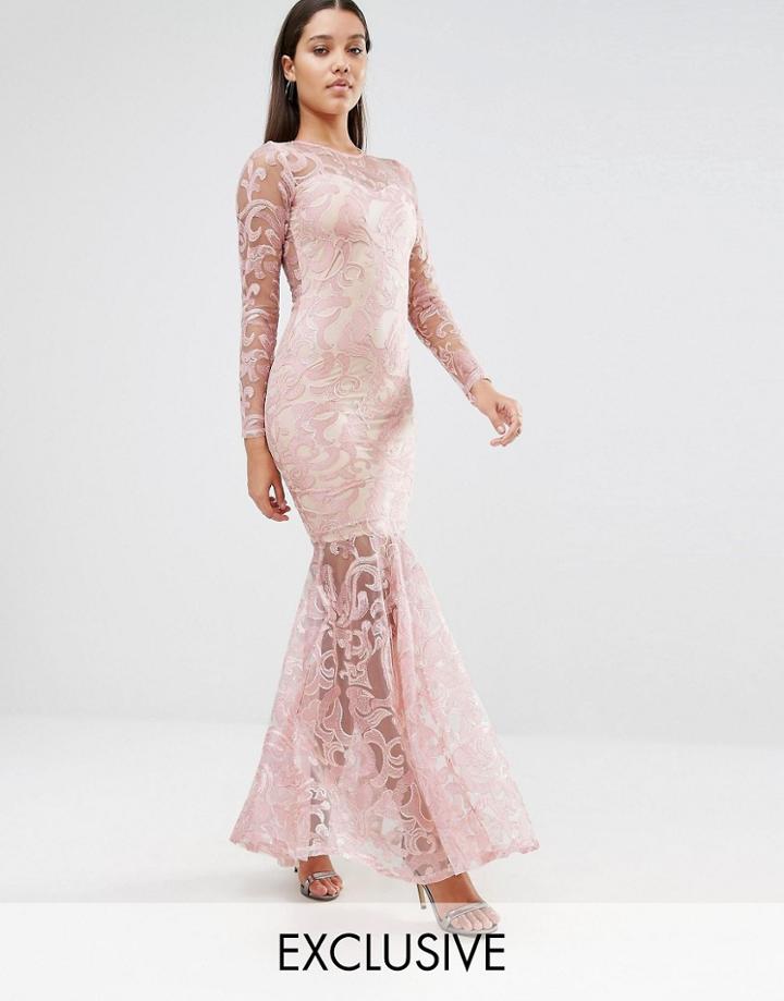 Club L Embroided High Neck Fishtail Maxi Dress - Nude Pink
