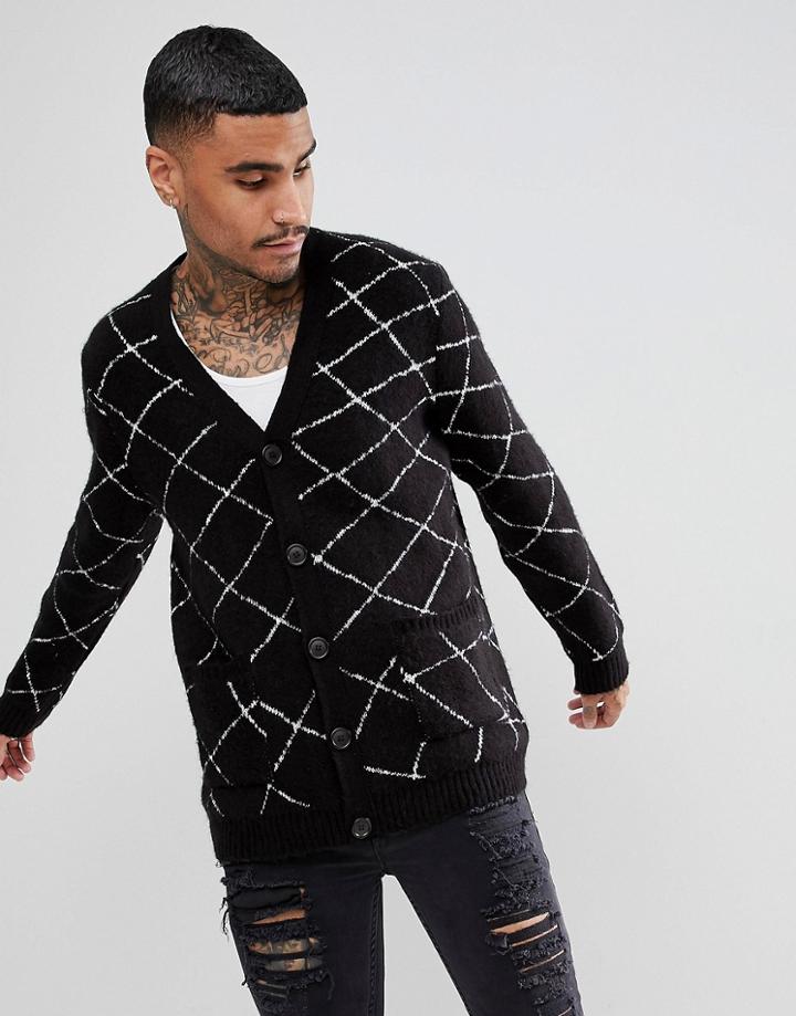 Asos Knitted Cardigan With Monochrome Diamond Check - Black