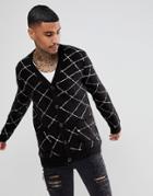 Asos Knitted Cardigan With Monochrome Diamond Check - Black
