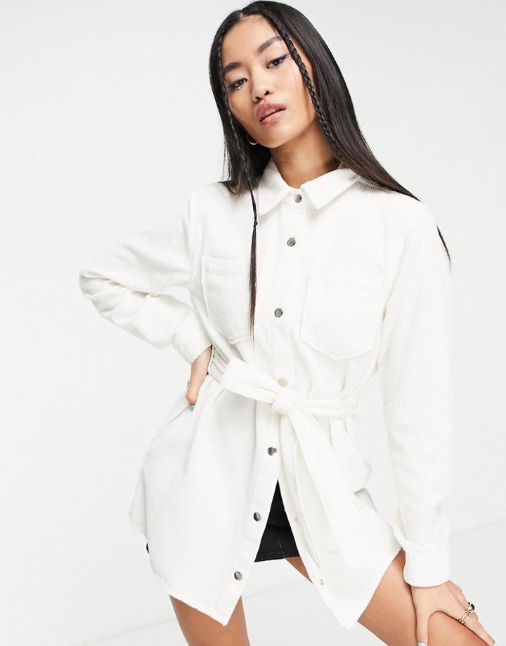 Miss Selfridge Cord Belted Shirt In Cream-white