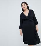 Outrageous Fortune Plus Ruffle Wrap Dress With Fluted Sleeve In Black - Black