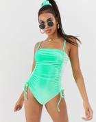 Asos Design Ruched Front Velvet Swimsuit In Mint Green With Matching Scrunchie - Green