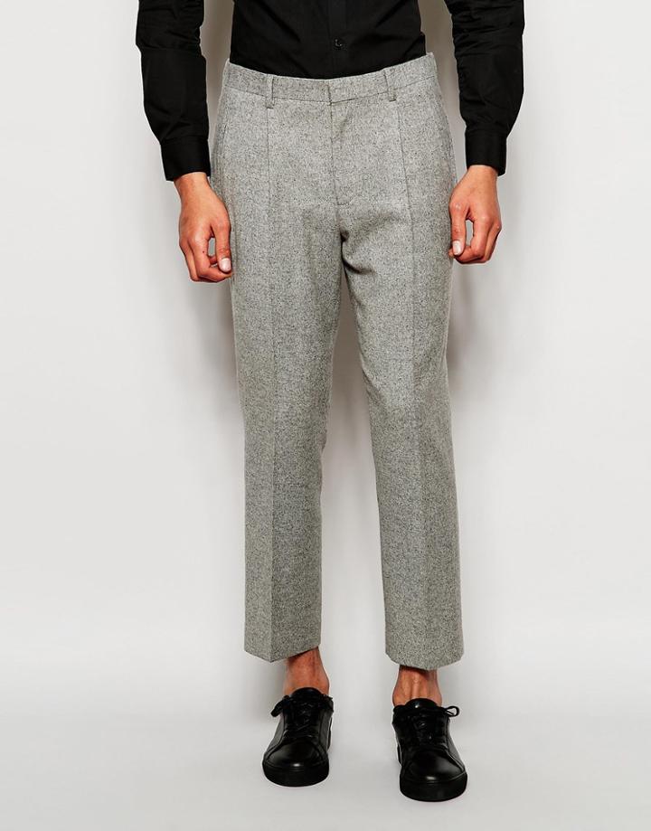 Asos Slim Cropped Smart Trousers With Pleats In Wool Mix - Gray