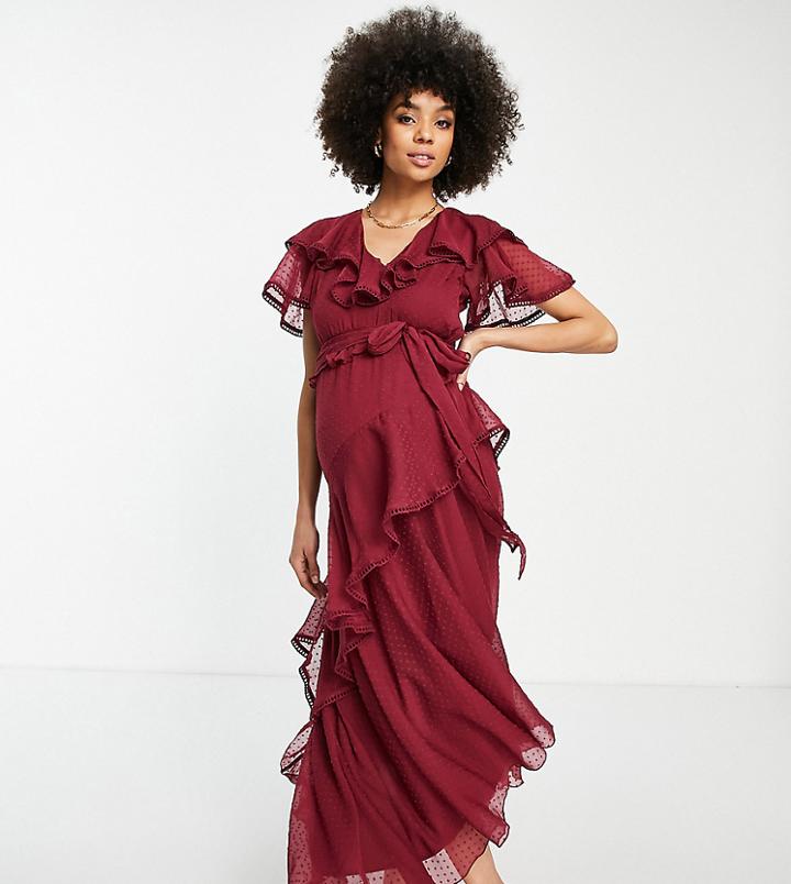 Asos Design Maternity Drape Detail Midi Dress In Textured Chiffon With Tie Detail
