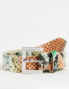 Asos Design Slim Belt In Pale Green Snake Skin