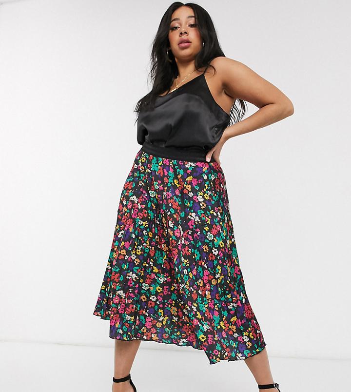 Twisted Wunder Plus Pleated Midi Skirt In Black Based Multi Print