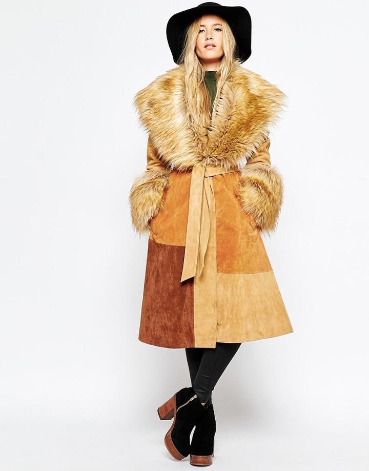Asos Coat In Suede With Faux Fur Collar - Tan