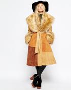 Asos Coat In Suede With Faux Fur Collar - Tan