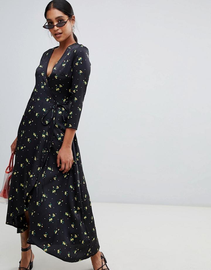 Liquorish Floral Print Wrap Maxi Dress - Black