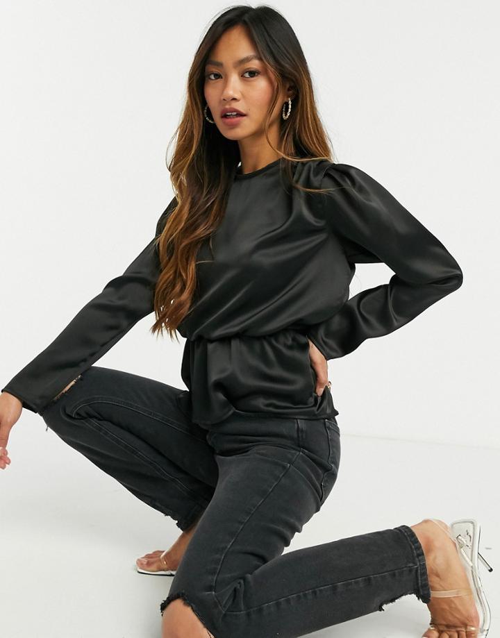 Flounce Satin Peplum Blouse In Black