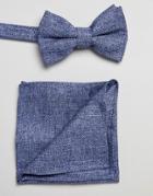 Asos Design Textured Bow Tie And Pocket Square Pack In Blue - Blue