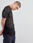 Asos Design Longline T-shirt With Curved Hem In Lace - Black