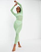 Asos Design Long Sleeve Light Knit Body-conscious Maxi Beach Dress In Green