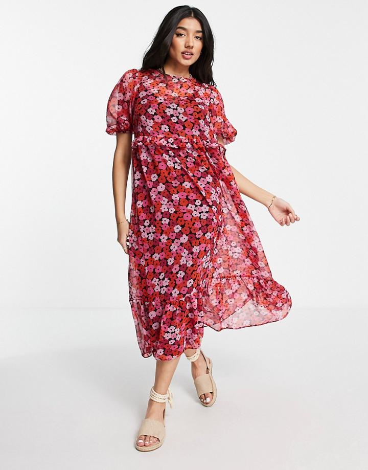 New Look Tie Back Chiffon Tiered Midi Dress In Pink Floral