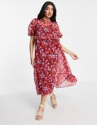 New Look Tie Back Chiffon Tiered Midi Dress In Pink Floral