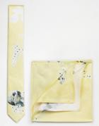 Asos Wedding Floral Tie And Pocket Square Pack In Silk - Yellow