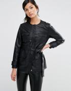 Neon Rose Faux Leather Utility Jacket With Waist Tie - Black