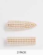 Asos Design Pack Of 2 Snap Shape Hair Clips In Solid Pearl Embellishment In Gold Tone